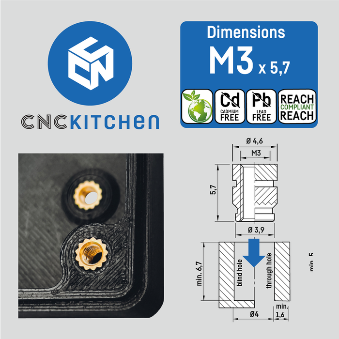 Lot 100 inserts M3x5.7 mm CNC Kitchen pour impression 3D
