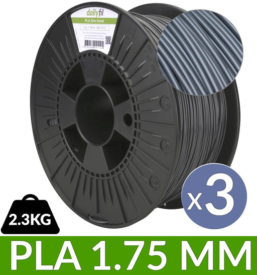 Lot de 3 bobines de PLA gris foncé 1.75 mm 2.3 kg - dailyfil