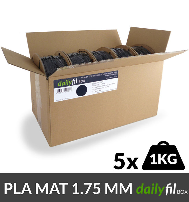 PLA 1.75 mm noir Mat dailyfil - 5 bobines en dailyfil BOX